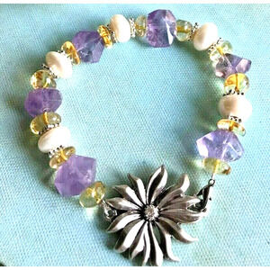 New Natural Rustic Amethyst, Citrine, Pearls Cuff Bracelet w/ Flower Clasp